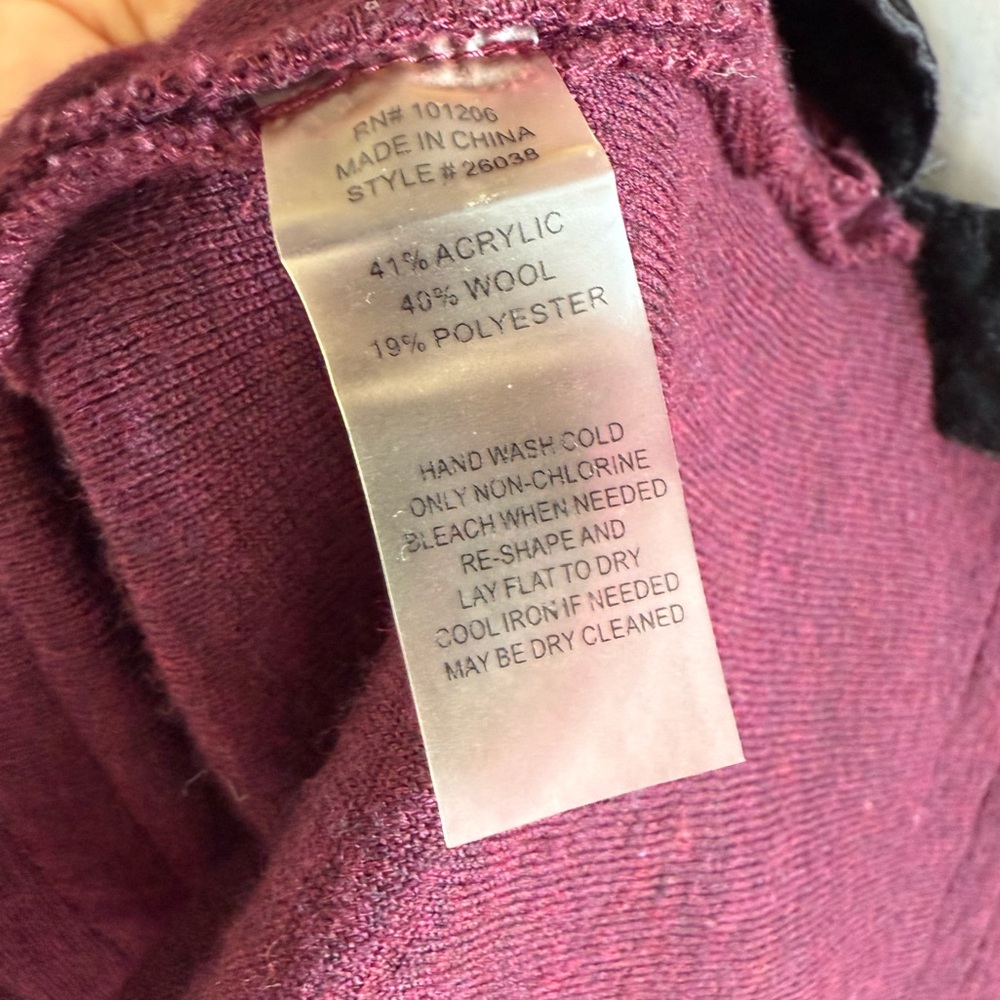 Soft Surroundings Runway Merlot Black Velvet Trim Wool Blend Tunic Sweater Small - Picture 12 of 13